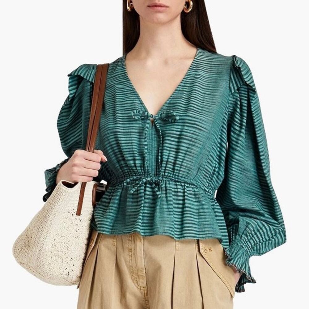 Ulla Johnson Ophelia Size 10 Teal Striped‎ Peplum Blouse Ruffle Cotton